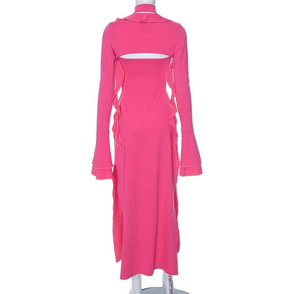 Maxikleid mit Blumenapplikation, Schlitz, ausgestellten Ärmeln und Schleife