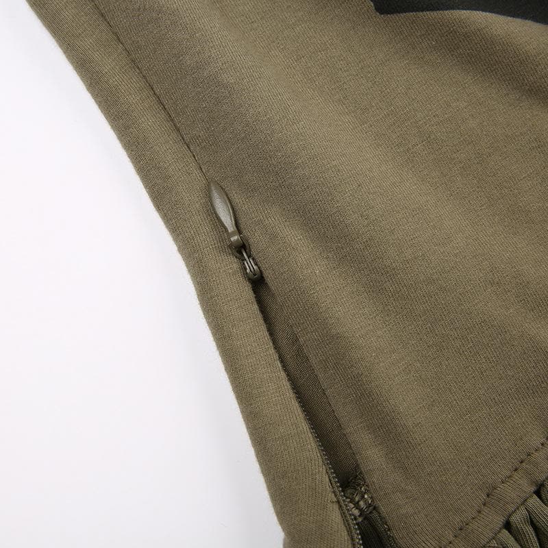 Irregular tassels sleeveless zip-up contrast print top