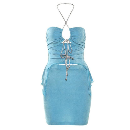 Cross front hollow out halter ruched backless mini skirt set