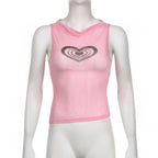 Sheer mesh see through cowl neck sleeveless heart pattern top