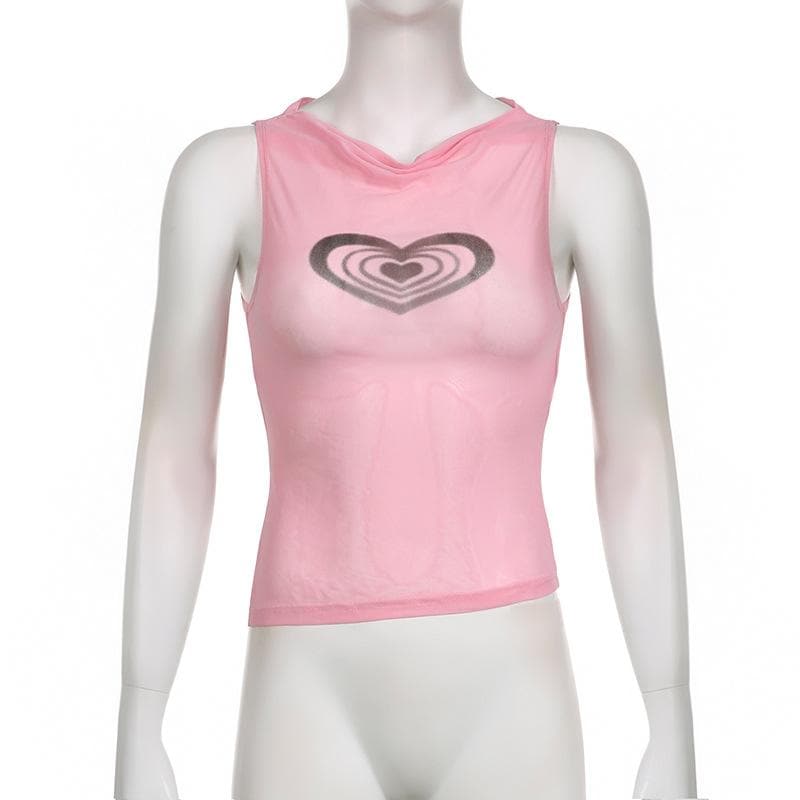 Sheer mesh see through cowl neck sleeveless heart pattern top