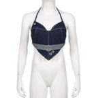 Stitch contrast buckle v neck halter lace up backless denim crop top