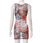 Abstract Sleeveless Sheer Mesh See Through Contrast Mini Dress