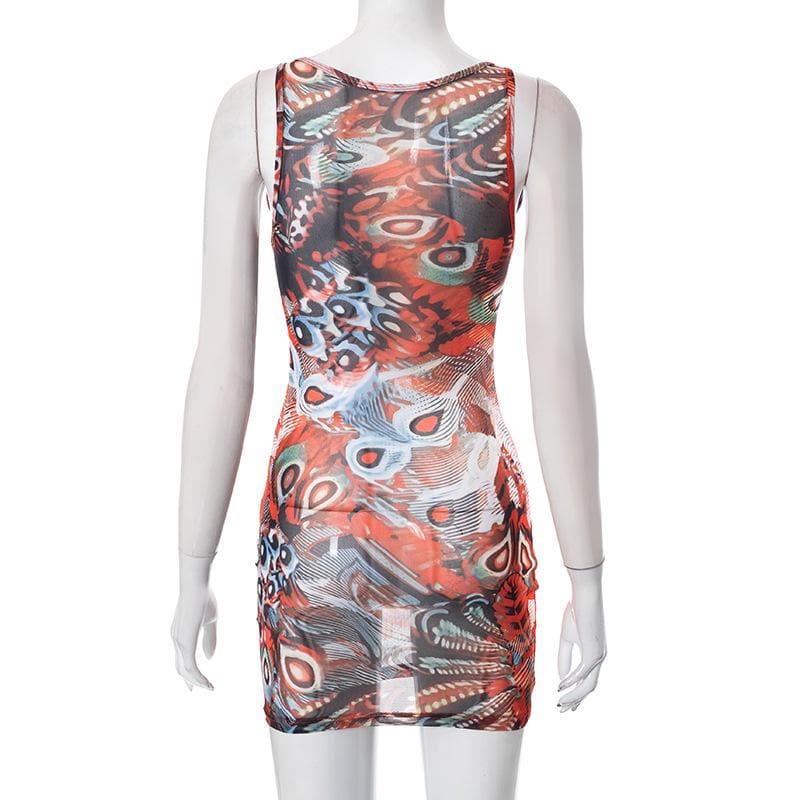 Abstract Sleeveless Sheer Mesh See Through Contrast Mini Dress