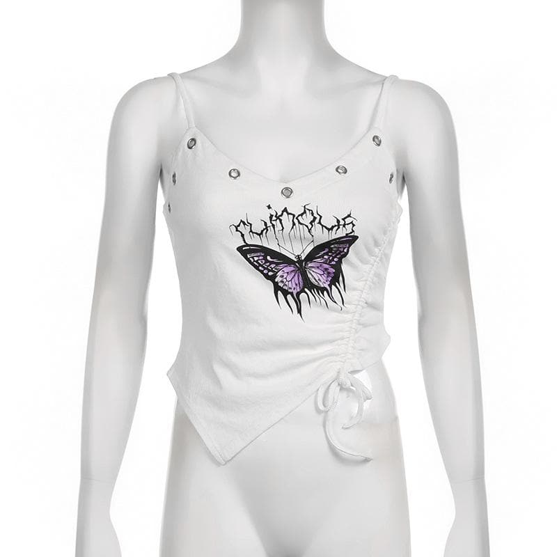 Irregular v neck drawstring ribbed butterfly pattern cami top