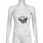 Irregular v neck drawstring ribbed butterfly pattern cami top
