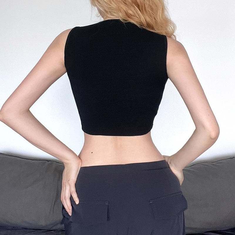 Crewneck sleeveless hollow out metal chain solid crop top