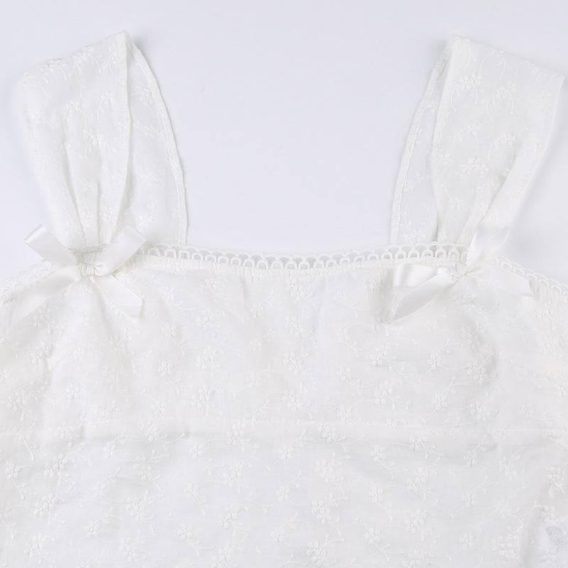 Textured lace hem bowknot zip-up cap sleeve solid top
