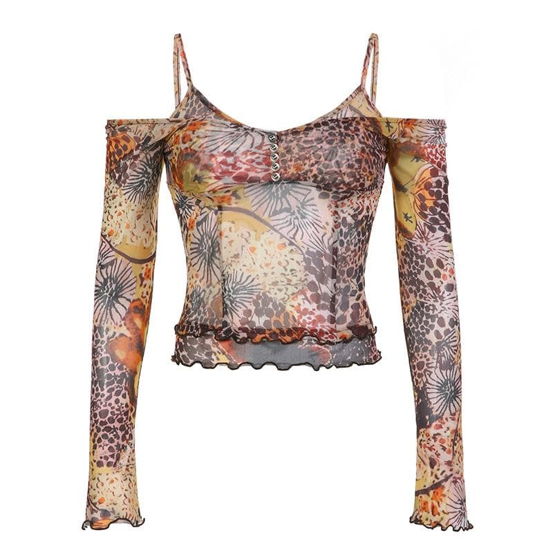 Sheer mesh button off shoulder long sleeve ruffle top