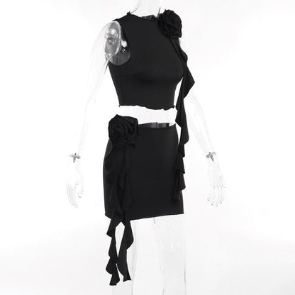Solid ruffle flower applique sleeveless mini skirt set