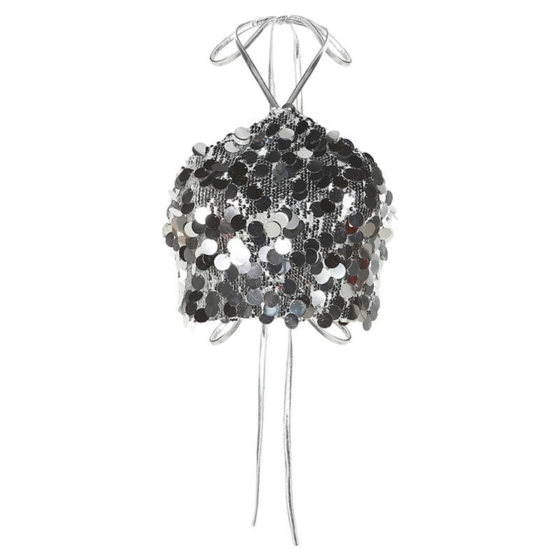 Halter self tie glitter backless textured crop top