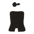 Button solid flower applique halter ruched backless tube crop top