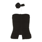 Button solid flower applique halter ruched backless tube crop top