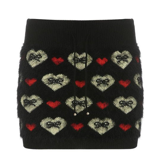 Contrast fluffy bowknot heart pattern mini skirt - Final Sale