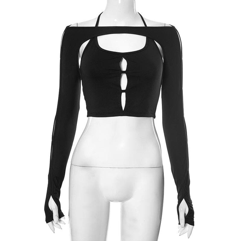 Ausgehöhltes, einfarbiges, langärmliges, selbstbindendes, rückenfreies Bolero-Oberteil mit Handschuhen 