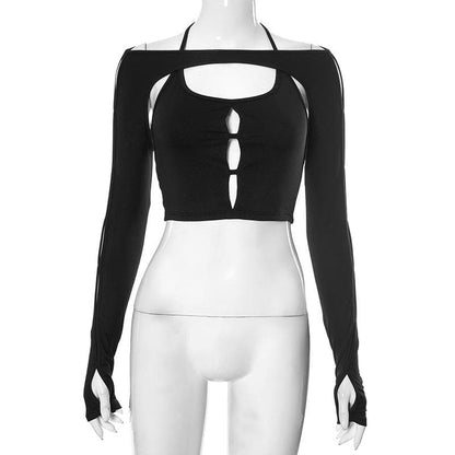 Ausgehöhltes, einfarbiges, langärmliges, selbstbindendes, rückenfreies Bolero-Oberteil mit Handschuhen 
