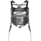 Metallic buckle cross back drawstring backless crop top