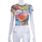 Abstract Print Contrast Short Sleeve Ruffle Crewneck Crop Top