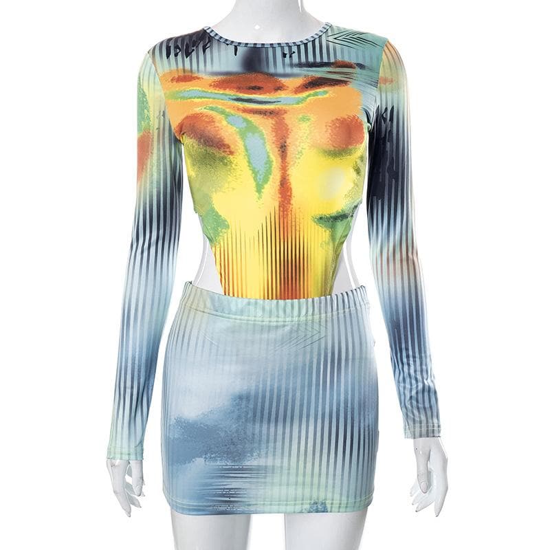 Striped long sleeve crewneck contrast bodysuit mini skirt set