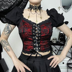 Puff sleeve contrast v neck lace patchwork lace up crop top