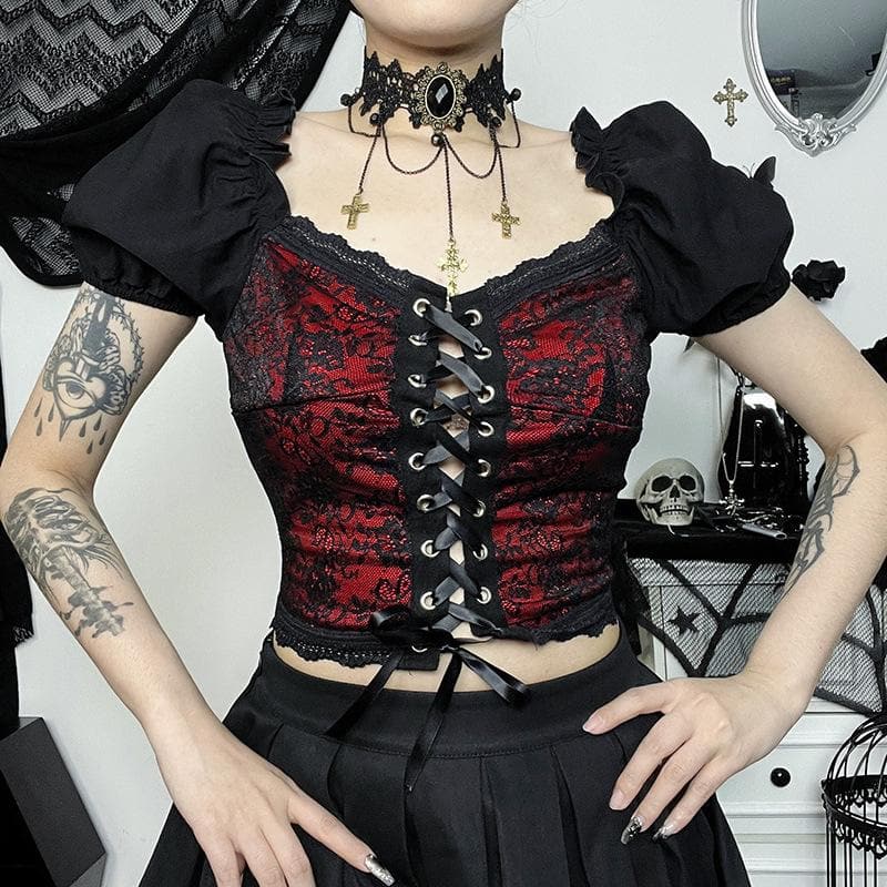 Puff sleeve contrast v neck lace patchwork lace up crop top