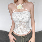 Lace flower applique solid sleeveless backless top