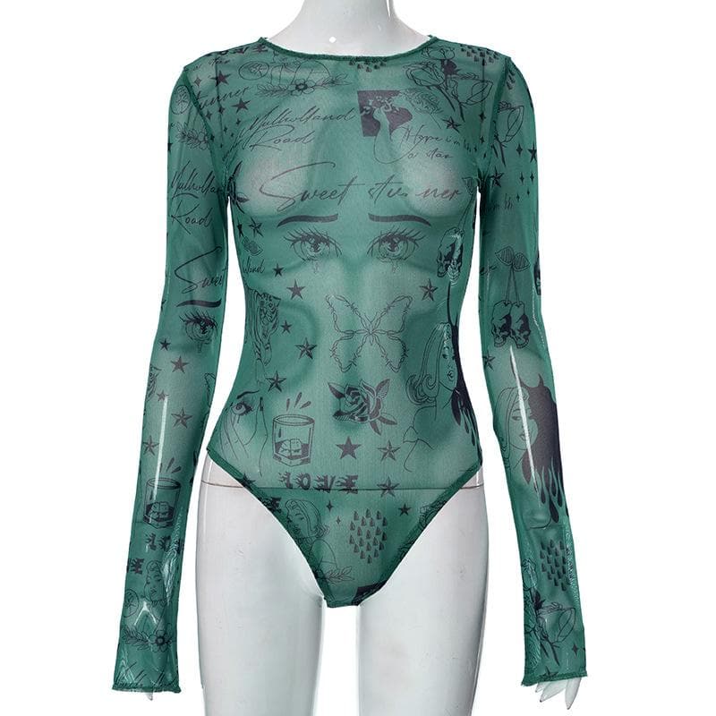 Sheer mesh see through abstract long sleeve bodysuit