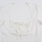 Ruched short sleeve patchwork solid lace hem self tie top