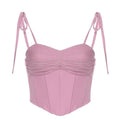 Solid pleated self tie zip-up corset crop top