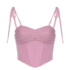 Solid pleated self tie zip-up corset crop top
