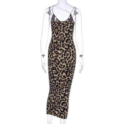 Leopard print contrast spaghetti strap u neck backless midi dress