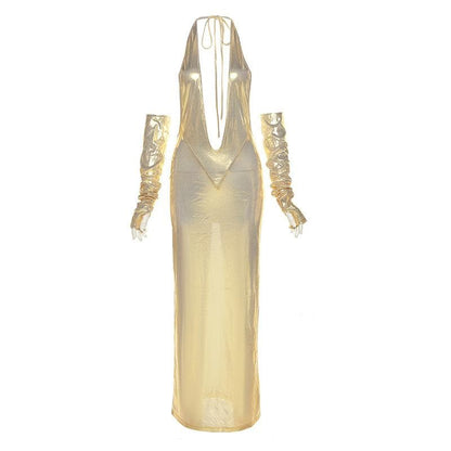 Neckholder-Maxikleid mit V-Ausschnitt und rückenfreien Handschuhen zum Selbstbinden in Metallic