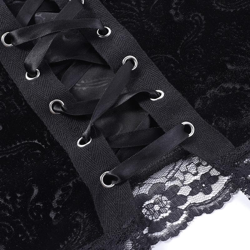 Lace up backless velvet lace hem square neck cami crop top