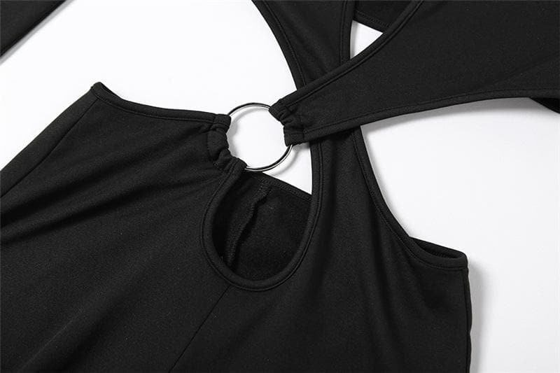Einfarbiger Jumpsuit mit überkreuzten Ärmeln und ausgehöhlten Schultern und O-Ring 