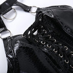 Lace up halter o ring backless PU leather crop top