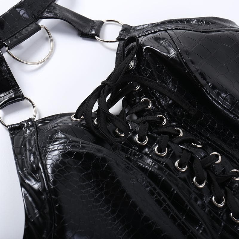 Lace up halter o ring backless PU leather crop top