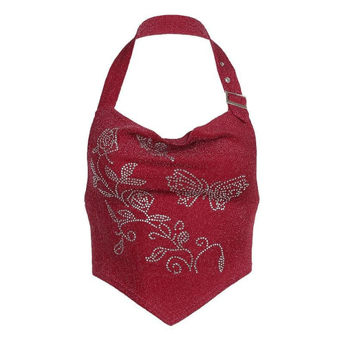 Rückenfreies Crop-Top mit Wasserfallausschnitt und Knöpfen und Perlenbesatz in Kontrastfarbe 