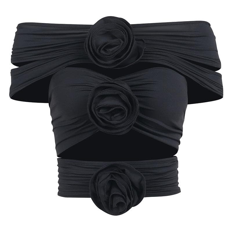 Flower applique ruched solid hollow out off shoulder top