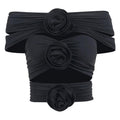 Flower applique ruched solid hollow out off shoulder top