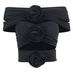 Flower applique ruched solid hollow out off shoulder top