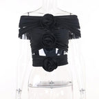 Flower applique ruched solid hollow out off shoulder top