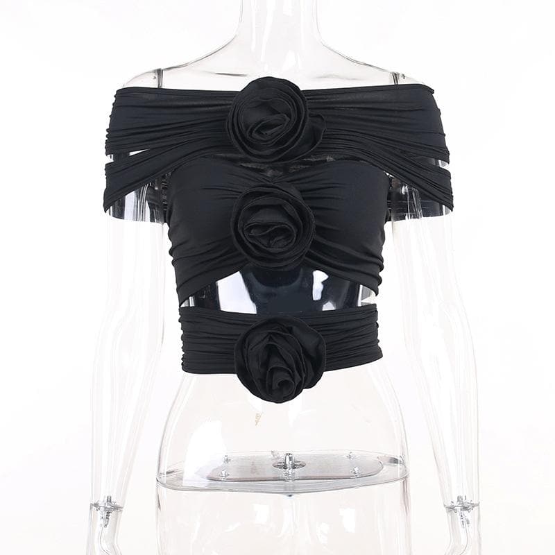 Flower applique ruched solid hollow out off shoulder top