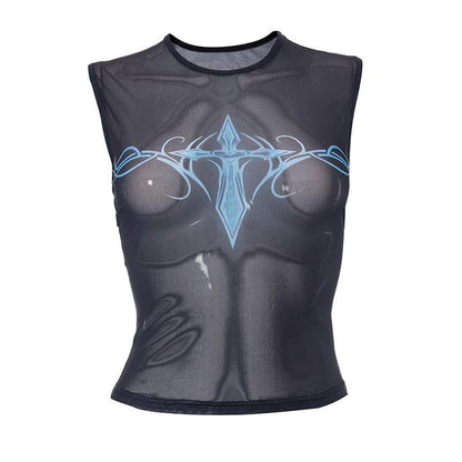 Sheer mesh see through abstract contrast sleeveless top