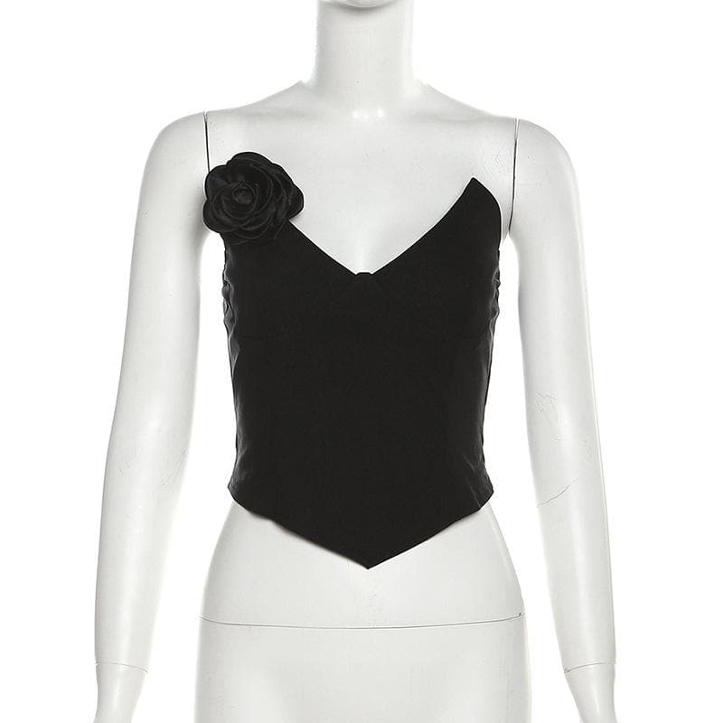 Top a corsetto con scollo a V senza schienale e applicazioni floreali 