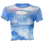 Short sleeve sheer mesh see through ruffle contrast print crop top