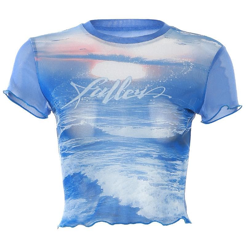 Short sleeve sheer mesh see through ruffle contrast print crop top
