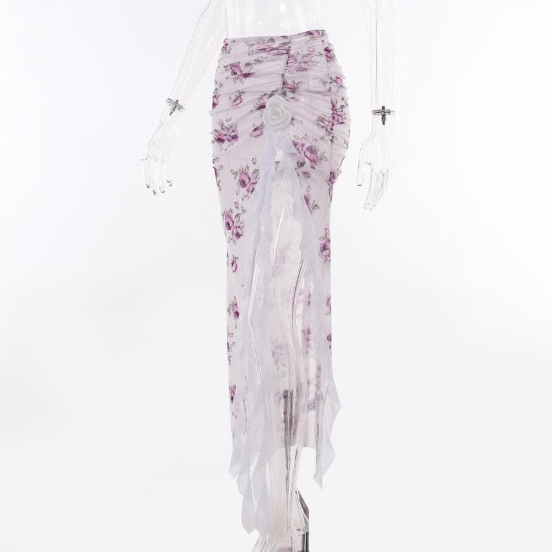 Sheer mesh see through flower print ruched slit midi skirt