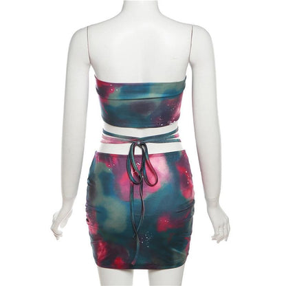 Backless self tie ruched tie dye drawstring contrast mini skirt set