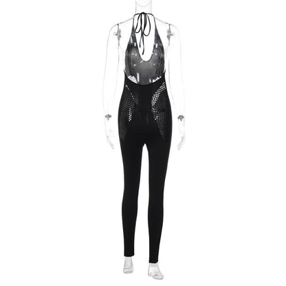 Hollow out solid u neck self tie backless jumpsuit