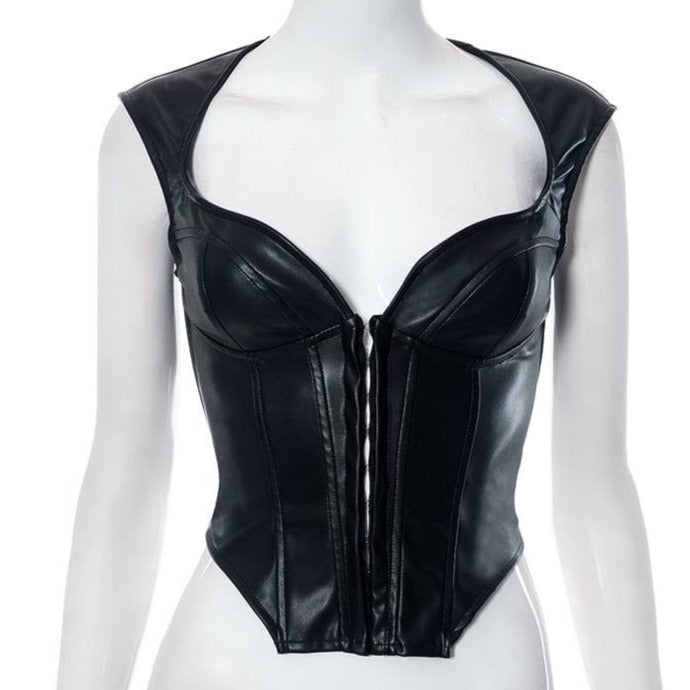 Top scollato con maniche a cappuccio e bottoni in pelle PU solida 